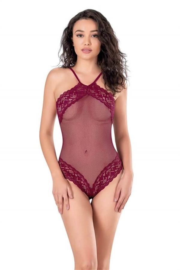 Dantel İşlemeli Bordo File Tül Bodysuit - Görsel 1