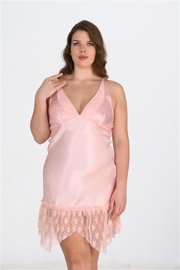 Premium Büyük Beden Dantel İşlemeli Somon Saten Gecelik - Görsel 1