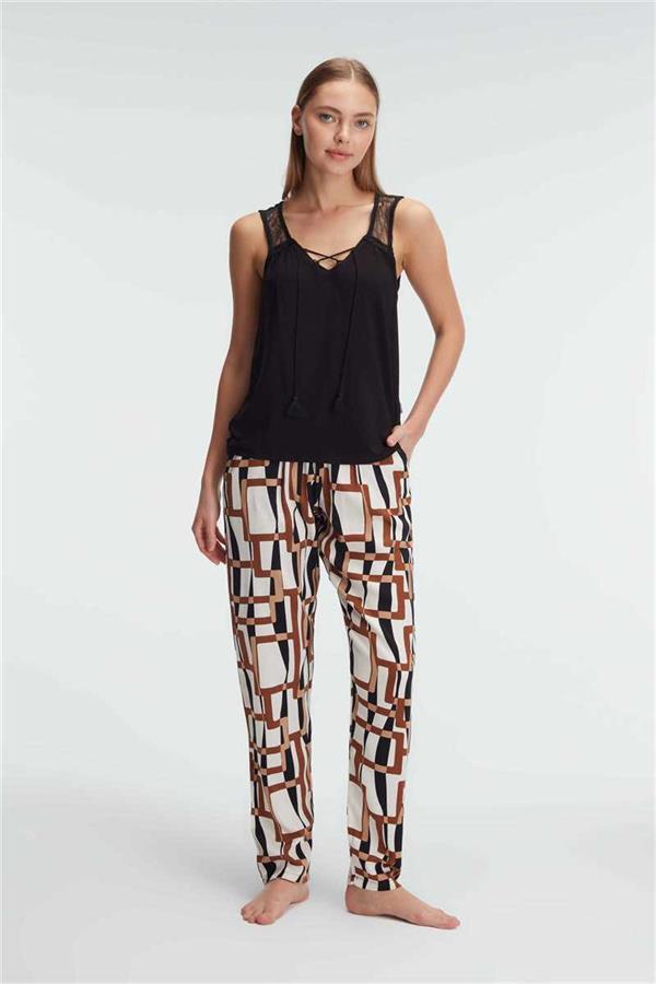 Arias Closet Sıfır Kol V Yaka Viskon Geometrik Yazlık Uzun İp Detaylı Pijama Takımı - Görsel 1