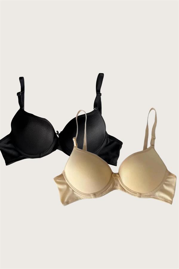 Arias Closet Siyah-Ten 2'li Mikro Kumaş Push Up Dolgulu Balenli Günlük Destekli Sütyen - Görsel 4