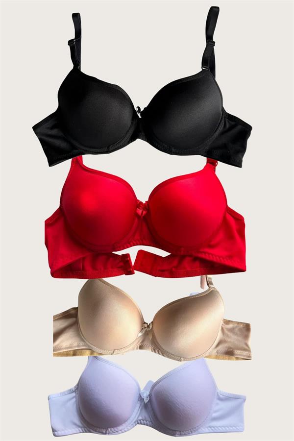 Arias Closet Siyah-Beyaz-Kırmızı-Ten 4'lü Dolgulu Push Up Micro Balenli Günlük Tek Destekli Sütyen - Görsel 3
