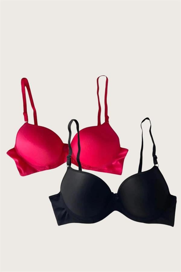 Arias Closet Siyah-Kırmızı 2'li Mikro Kumaş Push Up Dolgulu Balenli Günlük Destekli Sütyen - Görsel 1