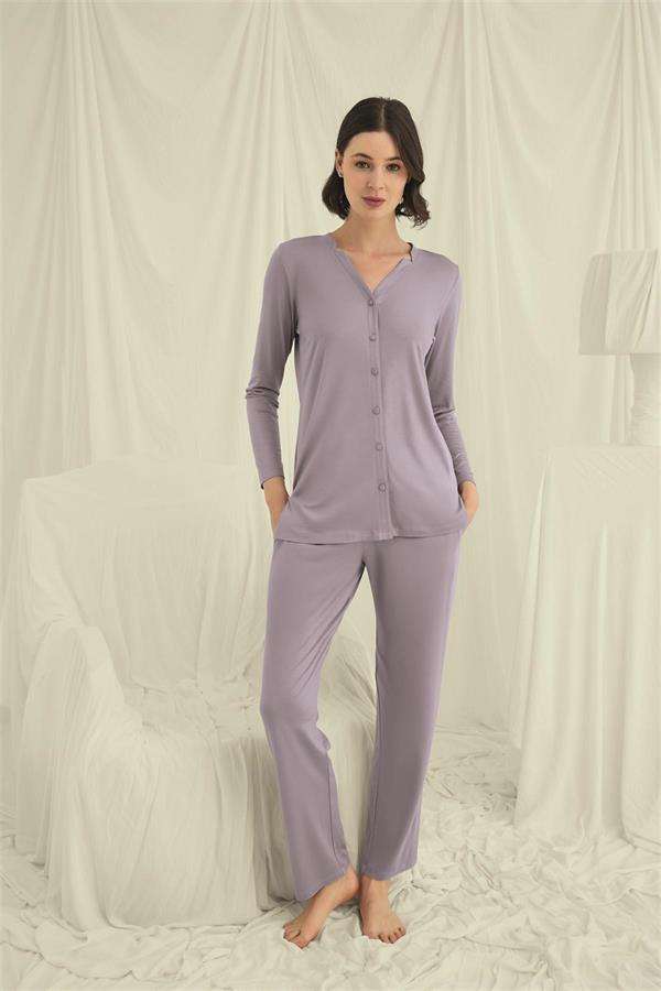 Arias Closet Uzun Kollu Boydan Düğmeli V Yaka Pijama Takımı - Görsel 1