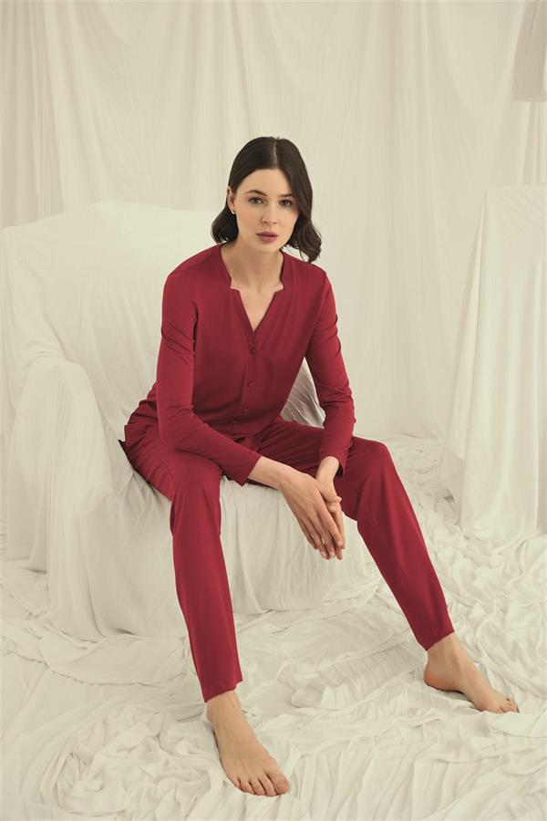 Arias Closet Uzun Kollu Boydan Düğmeli V Yaka Pijama Takımı - Görsel 5