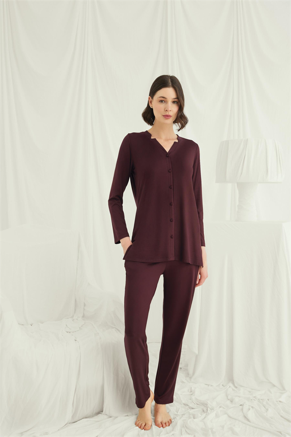 Arias Closet Uzun Kollu Boydan Düğmeli V Yaka Pijama Takımı - Görsel 2
