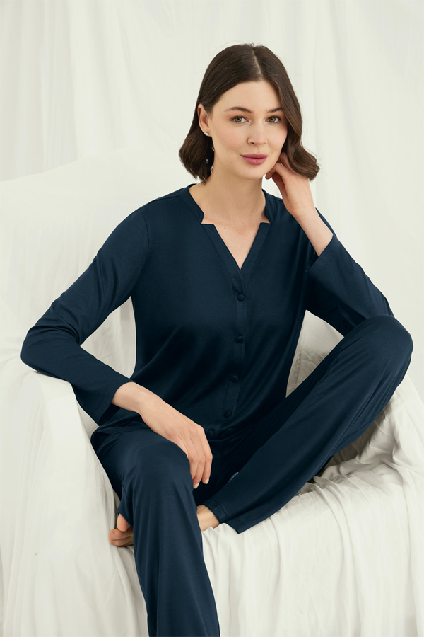 Arias Closet Uzun Kollu Boydan Düğmeli V Yaka Pijama Takımı - Görsel 7
