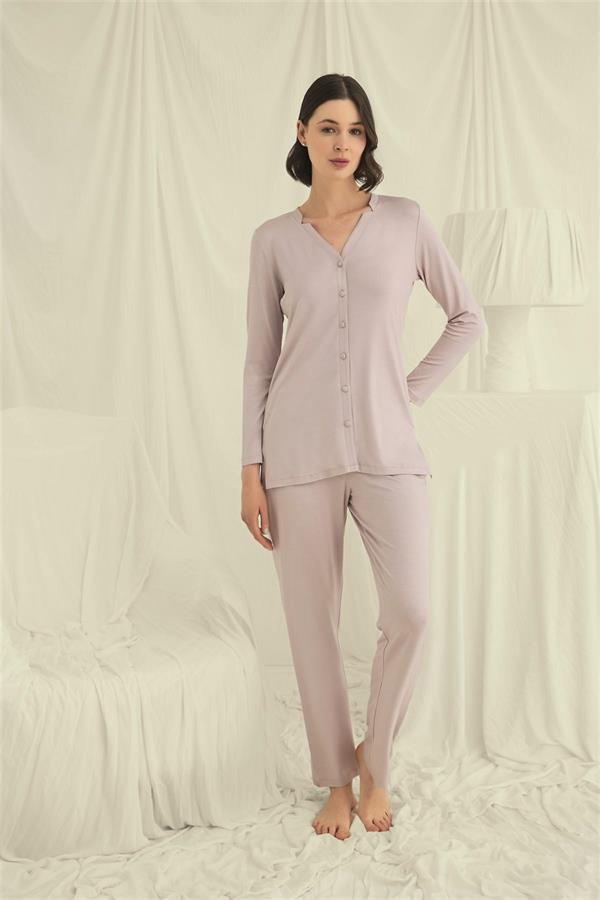 Arias Closet Uzun Kollu Boydan Düğmeli V Yaka Pijama Takımı - Görsel 1