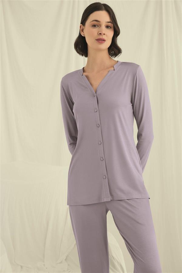Arias Closet Uzun Kollu Boydan Düğmeli V Yaka Pijama Takımı - Görsel 4