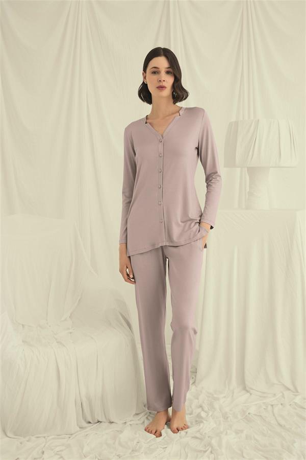 Arias Closet Uzun Kollu Boydan Düğmeli V Yaka Pijama Takımı - Görsel 4
