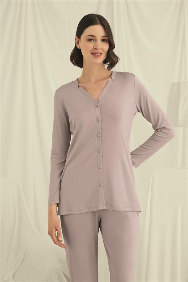 Arias Closet Uzun Kollu Boydan Düğmeli V Yaka Pijama Takımı - Görsel 5