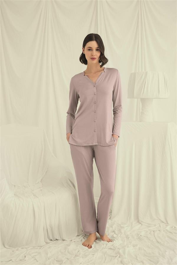 Arias Closet Uzun Kollu Boydan Düğmeli V Yaka Pijama Takımı - Görsel 2