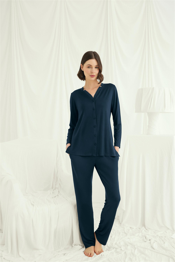 Arias Closet Uzun Kollu Boydan Düğmeli V Yaka Pijama Takımı - Görsel 4