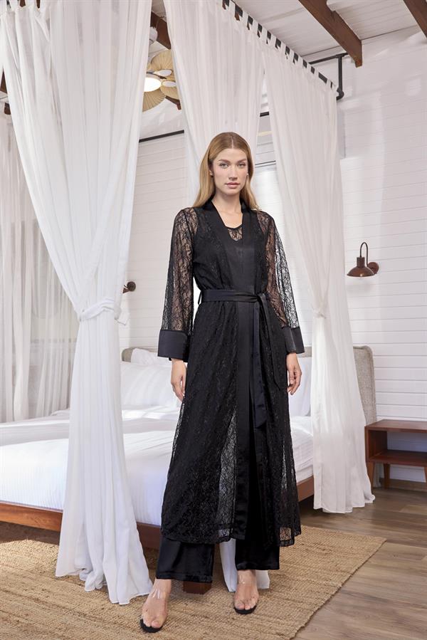 Arias Closet Uzun Kollu Dantelli ve Kuşaklı Sabahlık - Görsel 2