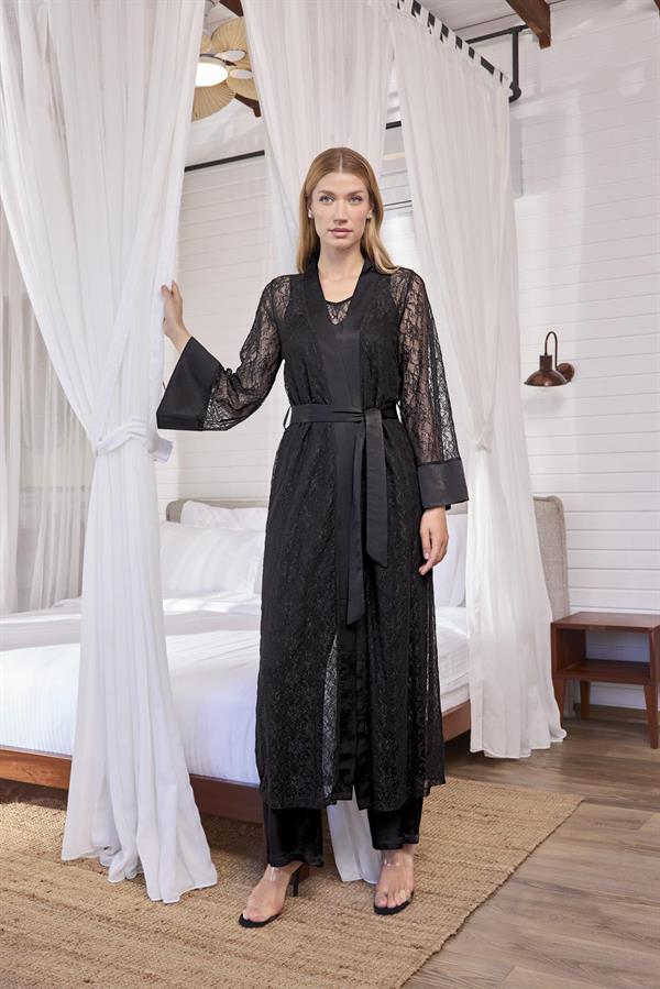 Arias Closet Uzun Kollu Dantelli ve Kuşaklı Sabahlık - Görsel 1