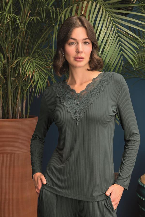 Arias Closet Uzun Kollu Önü Düğmeli V Yaka Pijama Takımı - Görsel 5