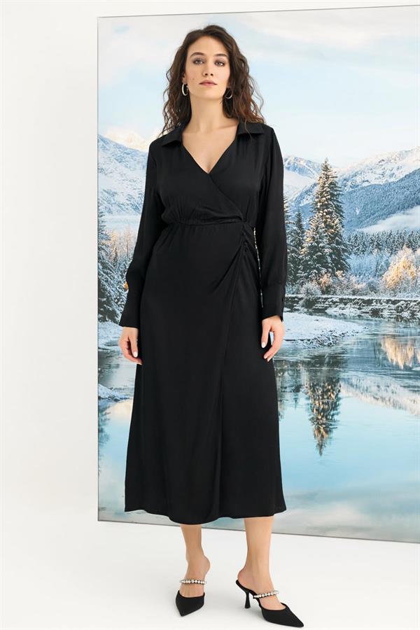 Arias Closet %100 Viskon Uzun Kollu Saten Elbise - Görsel 1