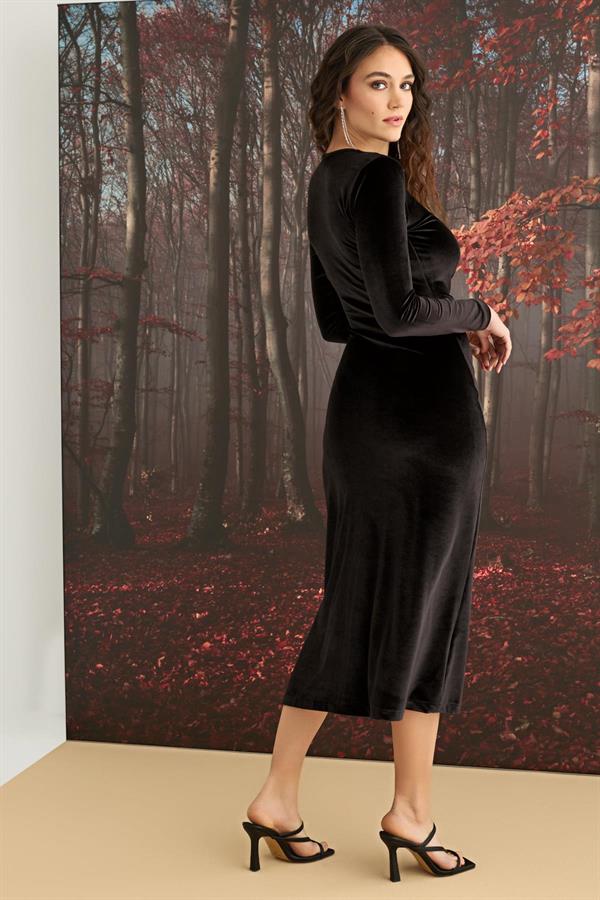 Arias Closet Uzun Kollu Yırtmaç Detaylı Kadife Elbise - Görsel 5