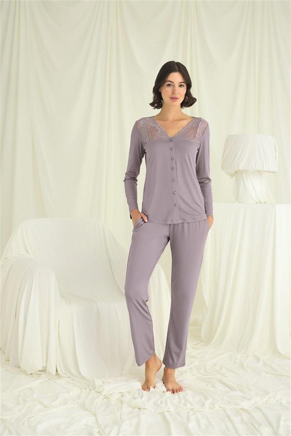 Arias Closet Yakası Kolu ve Omzu Dantelli Boydan Düğmeli Pijama Takımı - Görsel 1