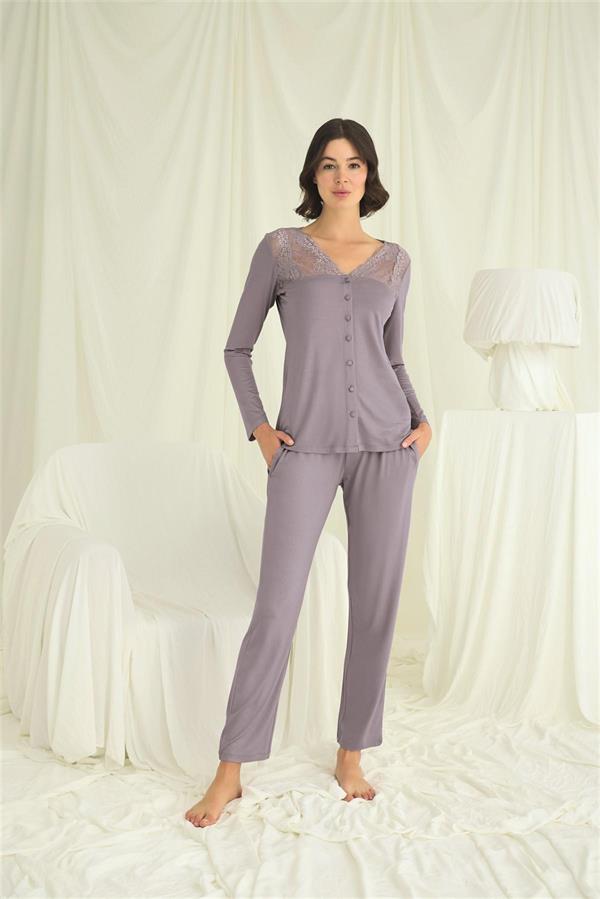 Arias Closet Yakası Kolu ve Omzu Dantelli Boydan Düğmeli Pijama Takımı - Görsel 2