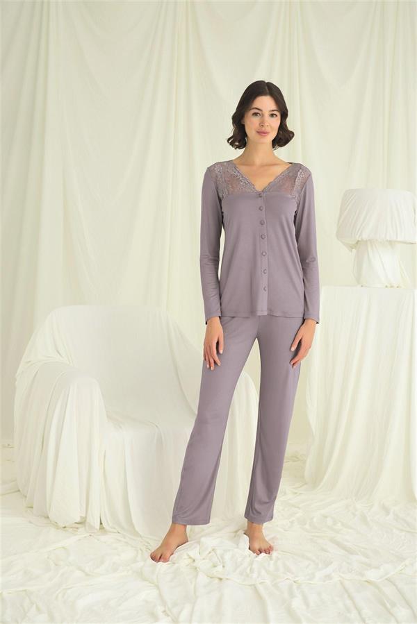 Arias Closet Yakası Kolu ve Omzu Dantelli Boydan Düğmeli Pijama Takımı - Görsel 4