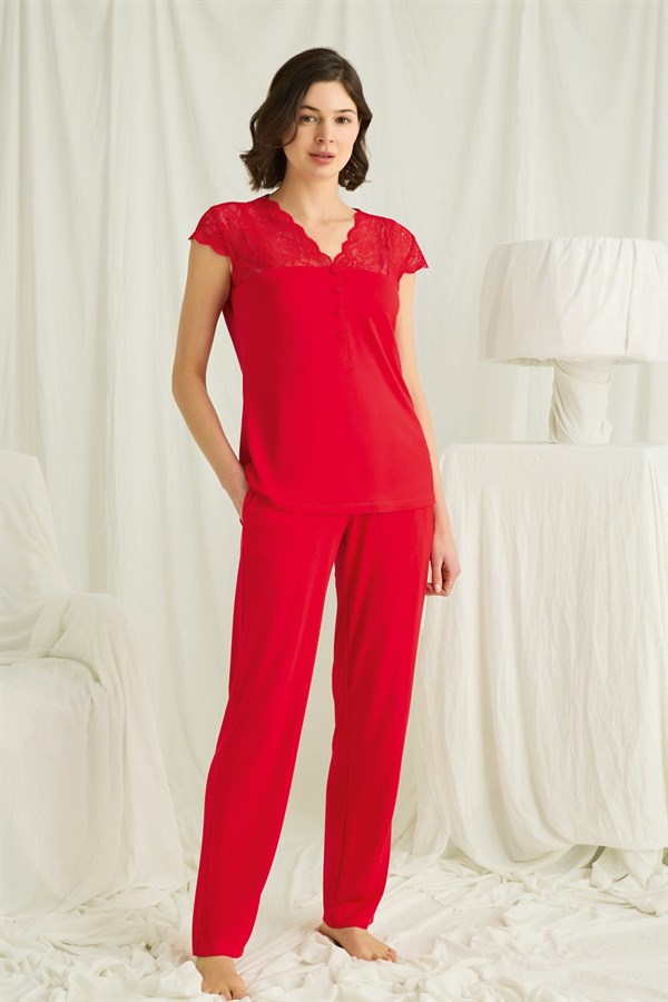 Arias Closet Yakası Kolu ve Omzu Dantelli Önü Düğmeli Pijama Takımı - Görsel 1