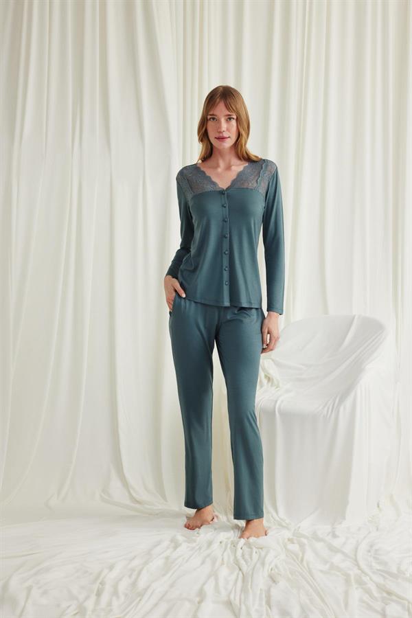 Arias Closet Yakası Omzu ve Paçası Dantelli Boydan Düğmeli Pijama Takımı - Görsel 2