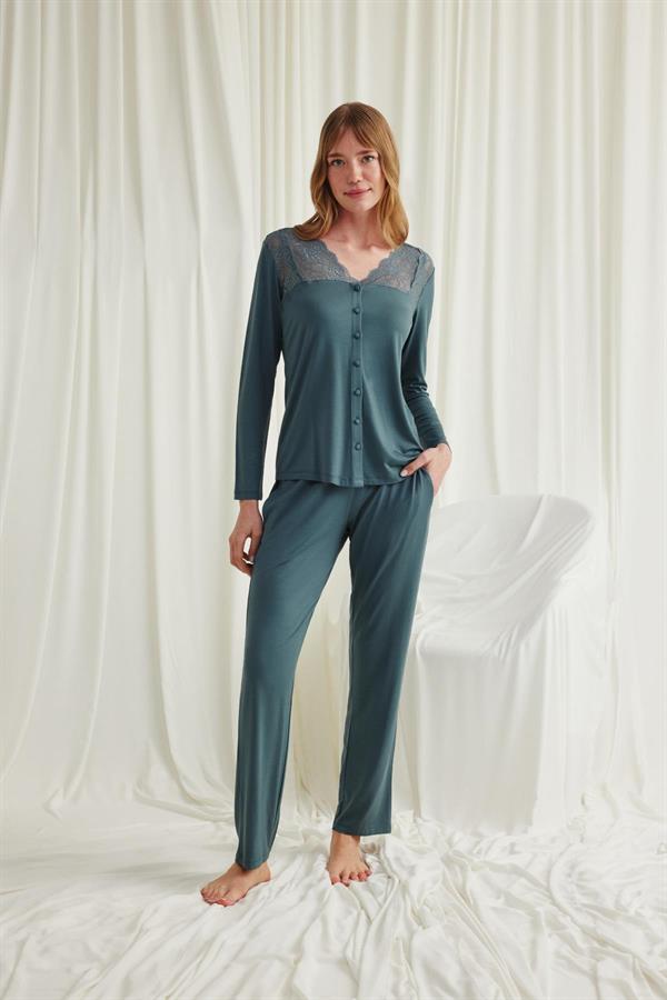 Arias Closet Yakası Omzu ve Paçası Dantelli Boydan Düğmeli Pijama Takımı - Görsel 5