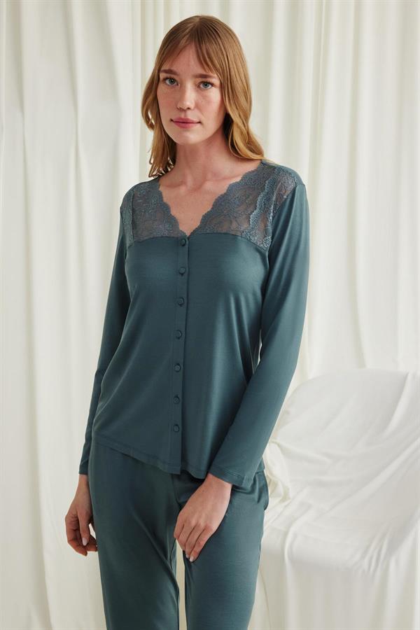 Arias Closet Yakası Omzu ve Paçası Dantelli Boydan Düğmeli Pijama Takımı - Görsel 6