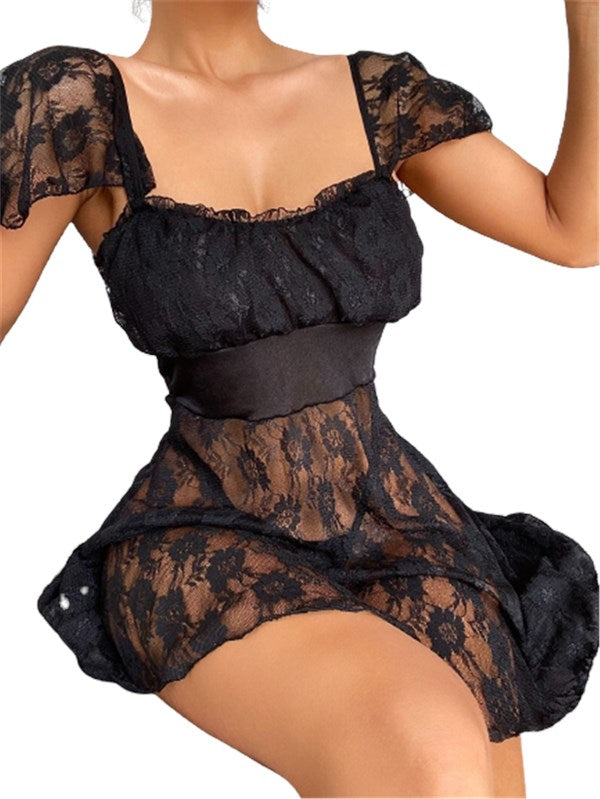 Arias Closet Alt Kısmı Tül Üst Kısmı Jarse Mini Fantazi Siyah Gecelik - Görsel 1