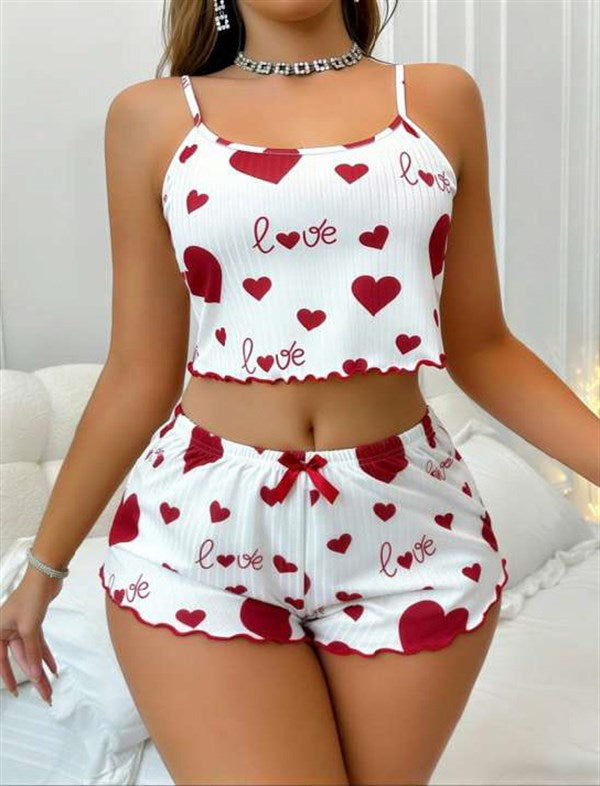 Arias Closet Beyaz Üstüne Kırmızı Kalp Desenli Askılı Şortlu Pijama Takımı - Görsel 2