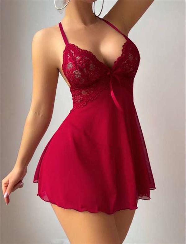 Arias Closet Bordo Dantel İşlemeli Boyundan Bağlamalı Likralı Fantezi Tül Gecelik - Görsel 2