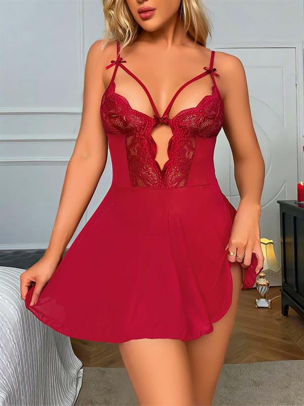 Arias Closet Bordo Dantel İşlemeli Göğüs İp Detaylı Fantezi Tül Gecelik Takımı - Görsel 1
