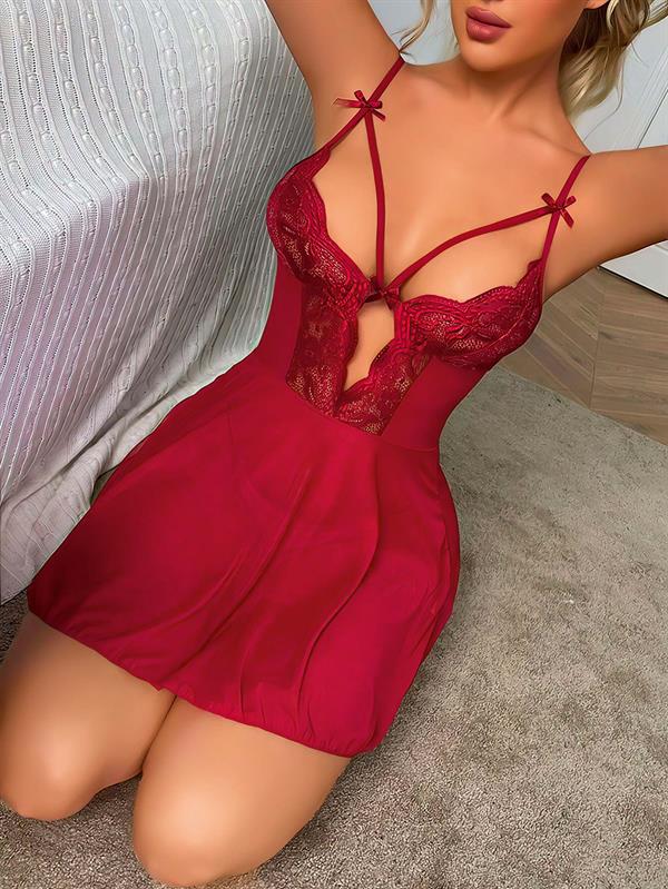 Arias Closet Bordo Dantel İşlemeli Göğüs İp Detaylı Fantezi Tül Gecelik Takımı - Görsel 3