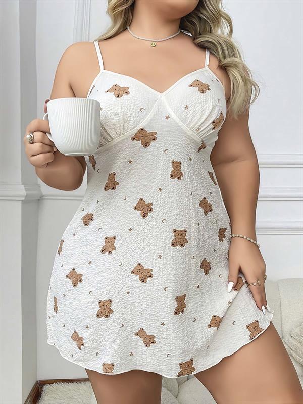 Arias Closet Büyük Beden Ayıcık Desenli İnce Askılı Mini Gecelik - Görsel 1