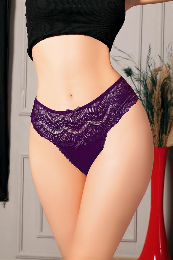 Arias Closet Büyük Beden Bel Kısmı Dantelli Fantezi Mor Tanga String - Görsel 1