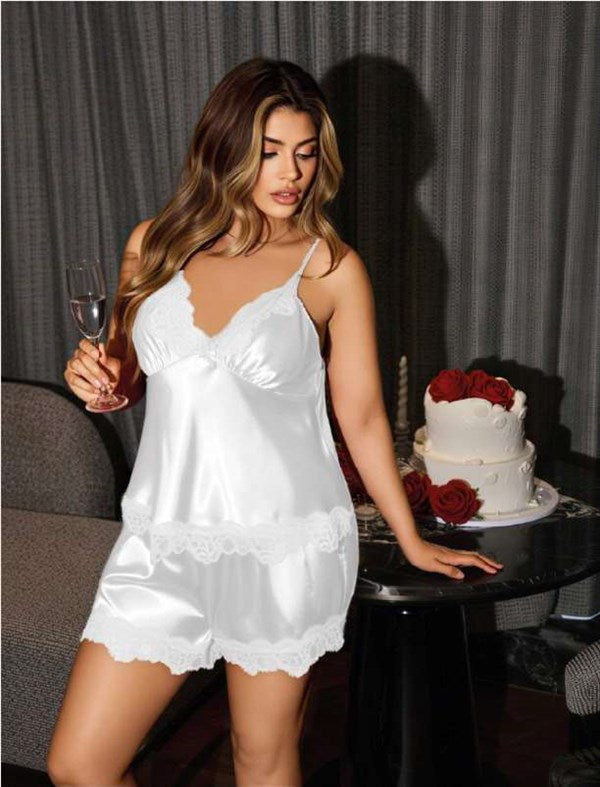 Arias Closet Büyük Beden Beyaz Dantel İşlemeli Saten Şortlu Takım - Görsel 1