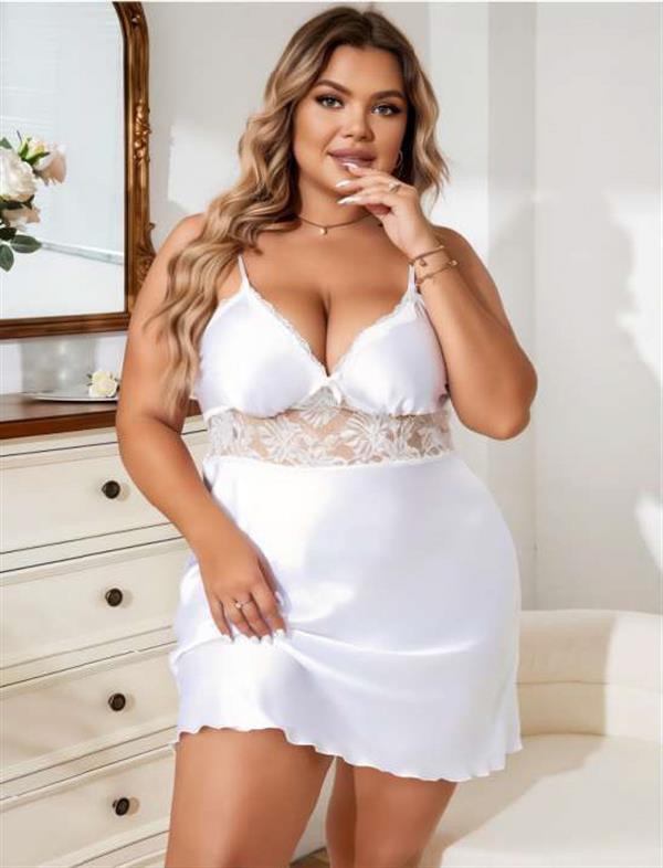 Arias Closet Büyük Beden Beyaz Dantel İşlemeli Saten Gecelik - Görsel 2