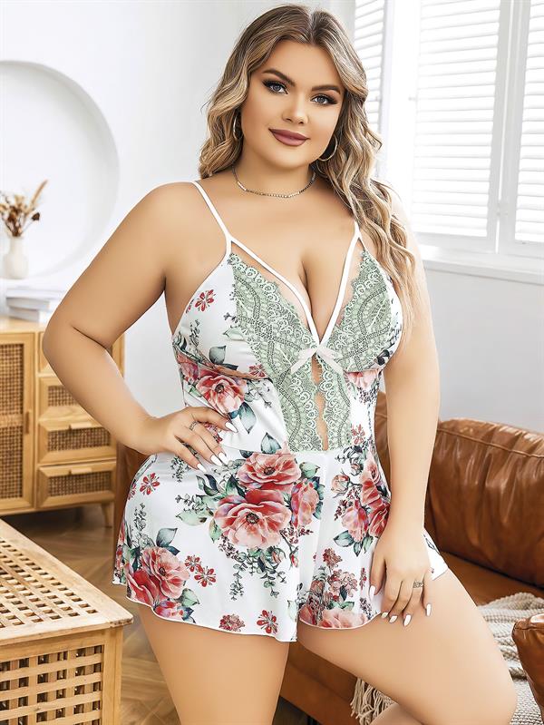 Arias Closet Büyük Beden Beyaz Üstüne Çiçek Desenli Dantel İşlemeli İnce Askılı Şort Gecelik - Görsel 2