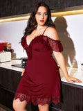 Arias Closet Büyük Beden Bordo Dantel İşlemeli İnce Askılı Gecelik - Görsel 1