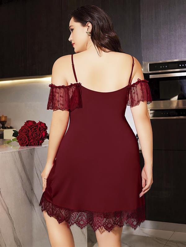Arias Closet Büyük Beden Bordo Dantel İşlemeli İnce Askılı Gecelik - Görsel 3
