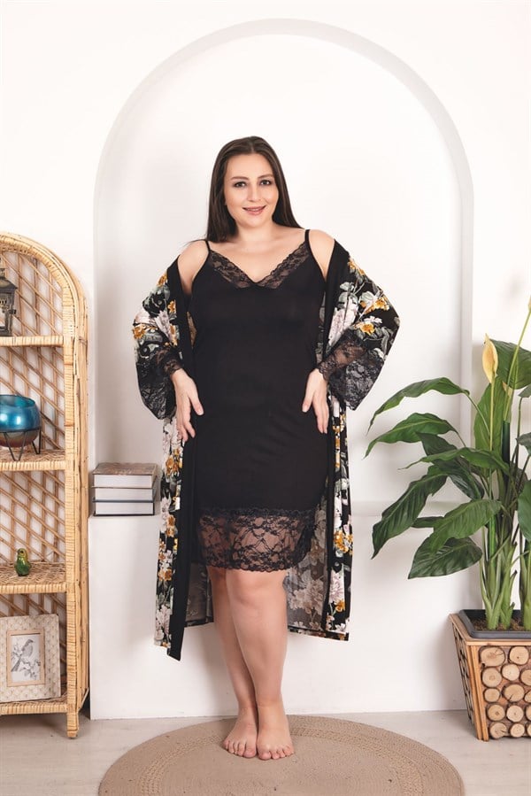 Arias Closet Büyük Beden Çiçek Desenli Dantel İşlemeli 2'li Viskon Siyah Gecelik Sabahlık Takımı - Görsel 1