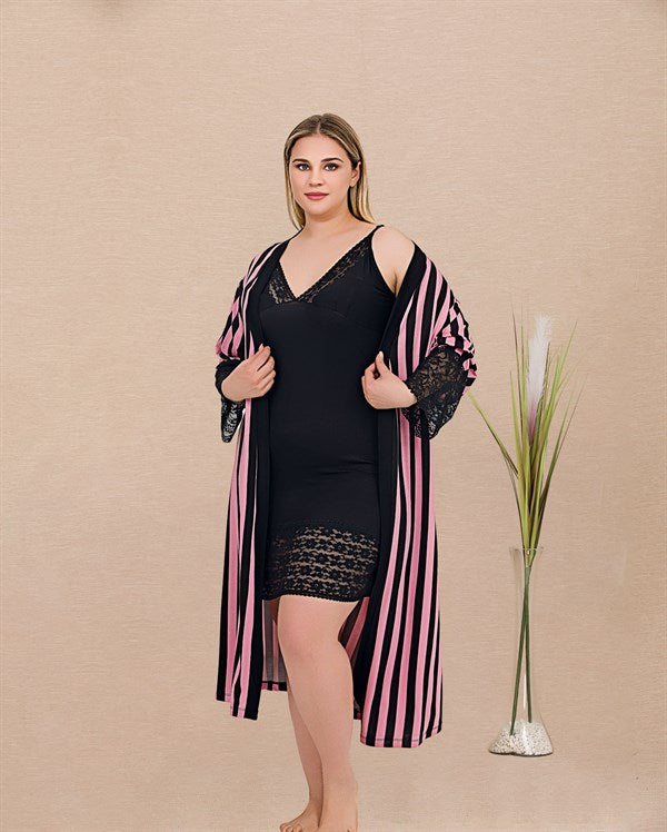 Arias Closet Büyük Beden Çizgi Desenli Dantel İşlemeli 2'li Viskon Siyah Gecelik Sabahlık Takımı - Görsel 1