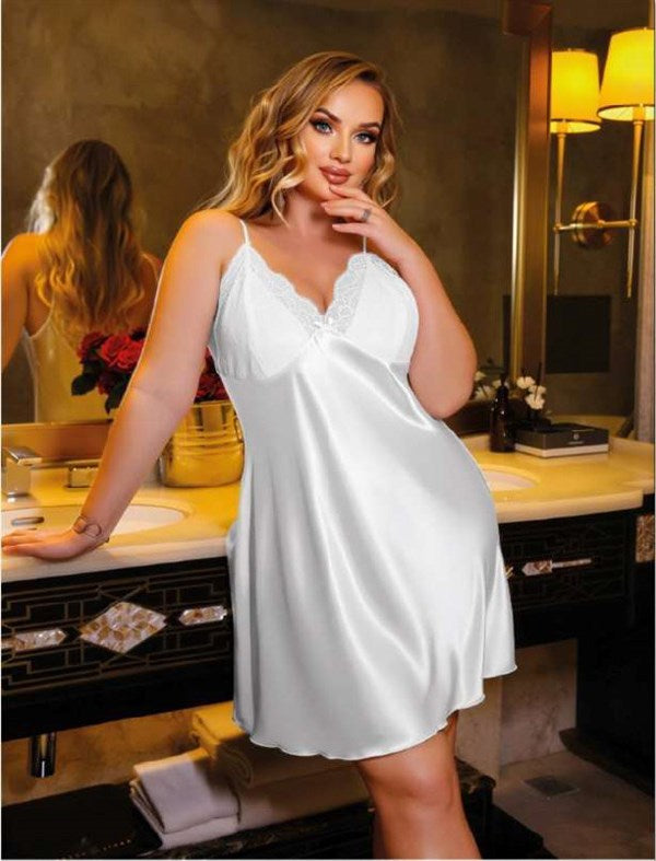 Arias Closet Büyük Beden Dantel İşlemeli Beyaz Parlak Saten Gecelik - Görsel 2