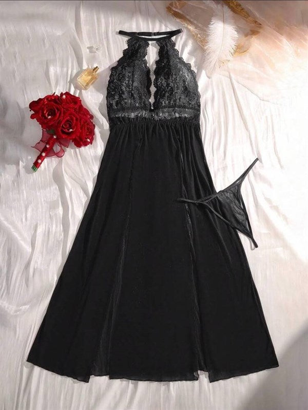 Arias Closet Büyük Beden Dantel İşlemeli Göğüs Detaylı Yırtmaçlı Fantezi Gecelik - Görsel 5