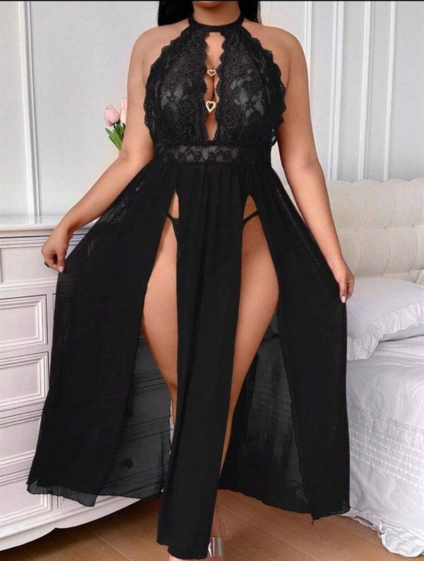 Arias Closet Büyük Beden Dantel İşlemeli Göğüs Detaylı Yırtmaçlı Fantezi Gecelik - Görsel 1