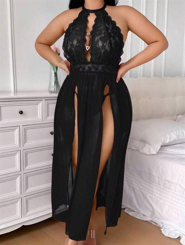 Arias Closet Büyük Beden Dantel İşlemeli Göğüs Detaylı Yırtmaçlı Fantezi Gecelik - Görsel 3