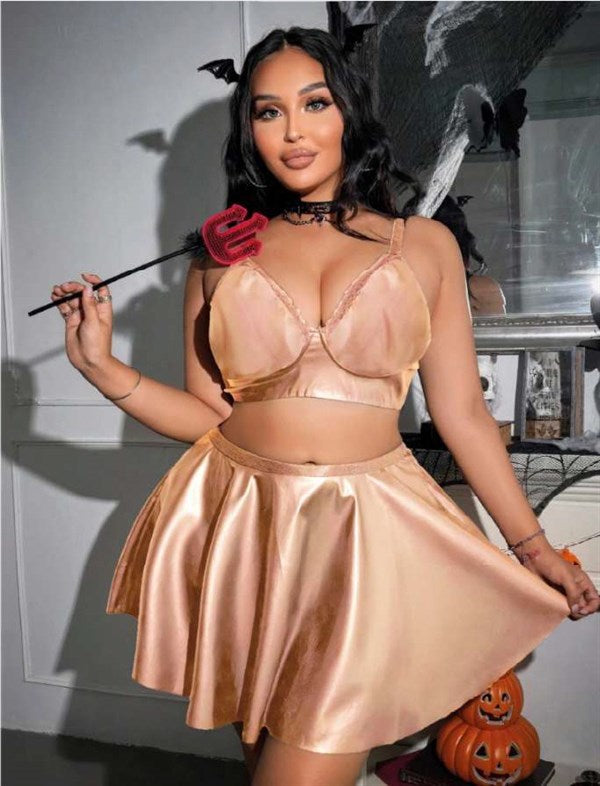 Arias Closet Büyük Beden Gold Deri Görünümlü Etekli Fantezi Takım - Görsel 1