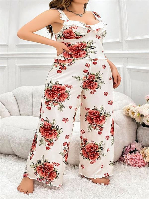 Arias Closet Büyük Beden Gül Desenli İnce Askılı Beyaz Salaş 2'li Takım - Görsel 1