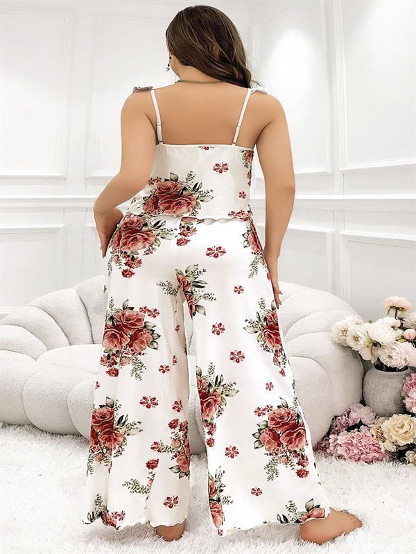 Arias Closet Büyük Beden Gül Desenli İnce Askılı Beyaz Salaş 2'li Takım - Görsel 2