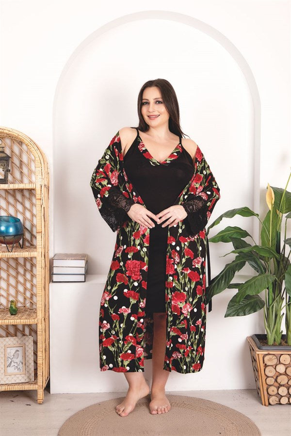 Arias Closet Büyük Beden Kırmızı Çiçek Desenli Dantel İşlemeli 2'li Viskon Siyah Gecelik Sabahlık Takımı - Görsel 1